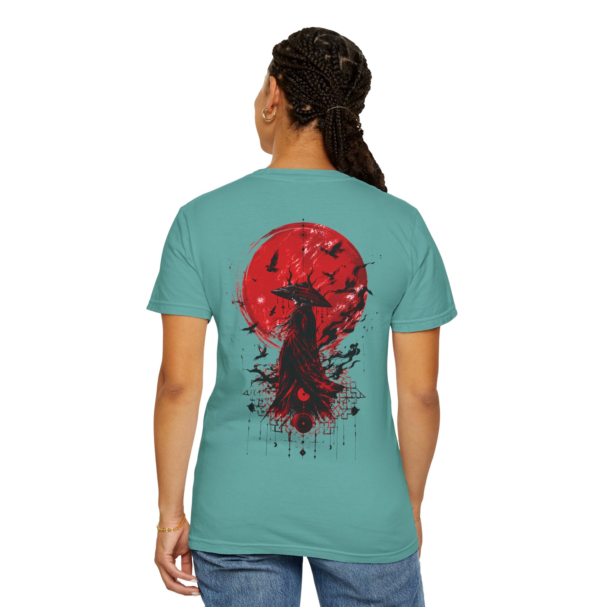 Japanese samurai red moon graphic t-shirt - product photo 37
