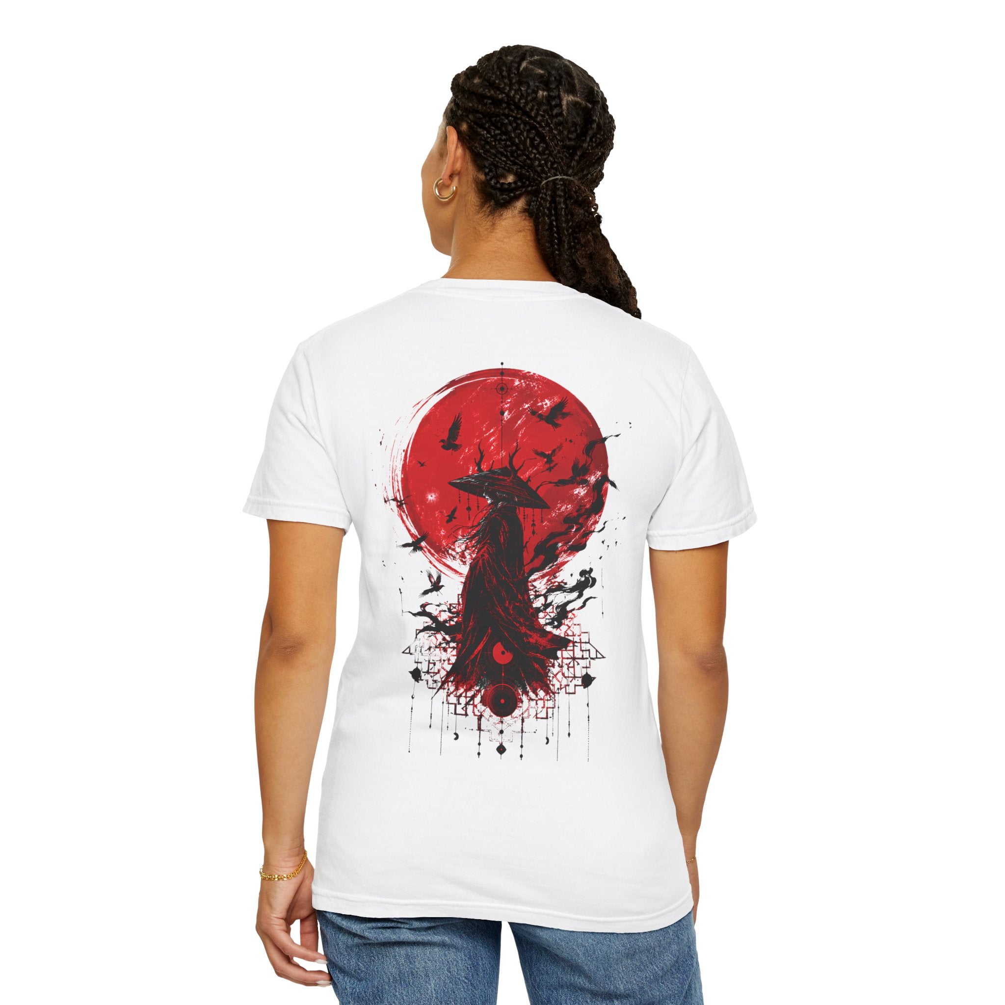 Japanese samurai red moon graphic t-shirt - product photo 21