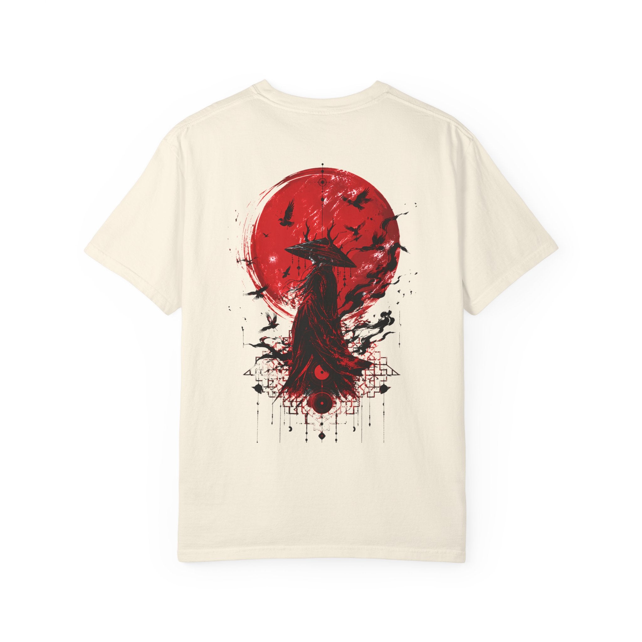 Japanese samurai red moon graphic t-shirt - model wearing back view