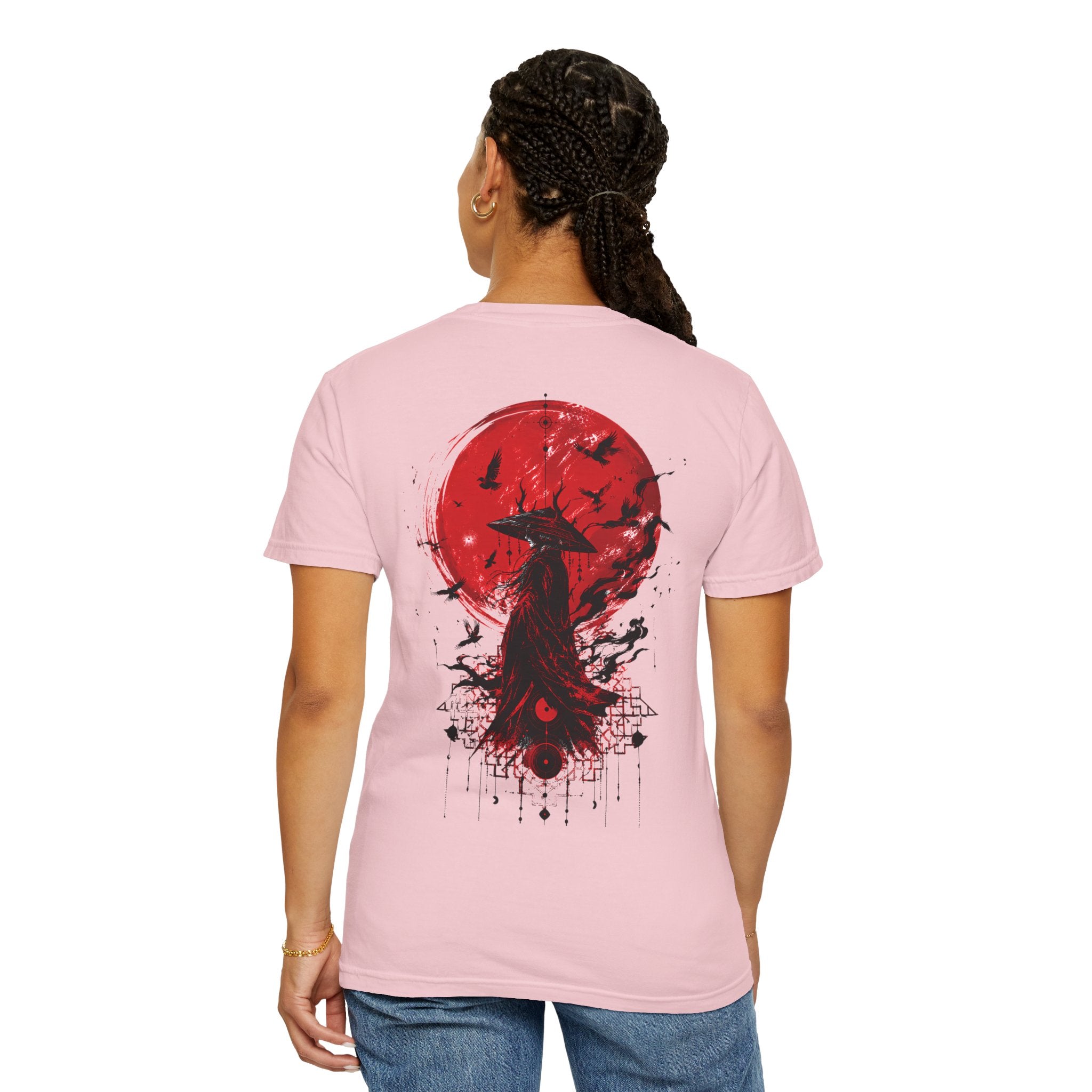 Japanese samurai red moon graphic t-shirt - product photo 43