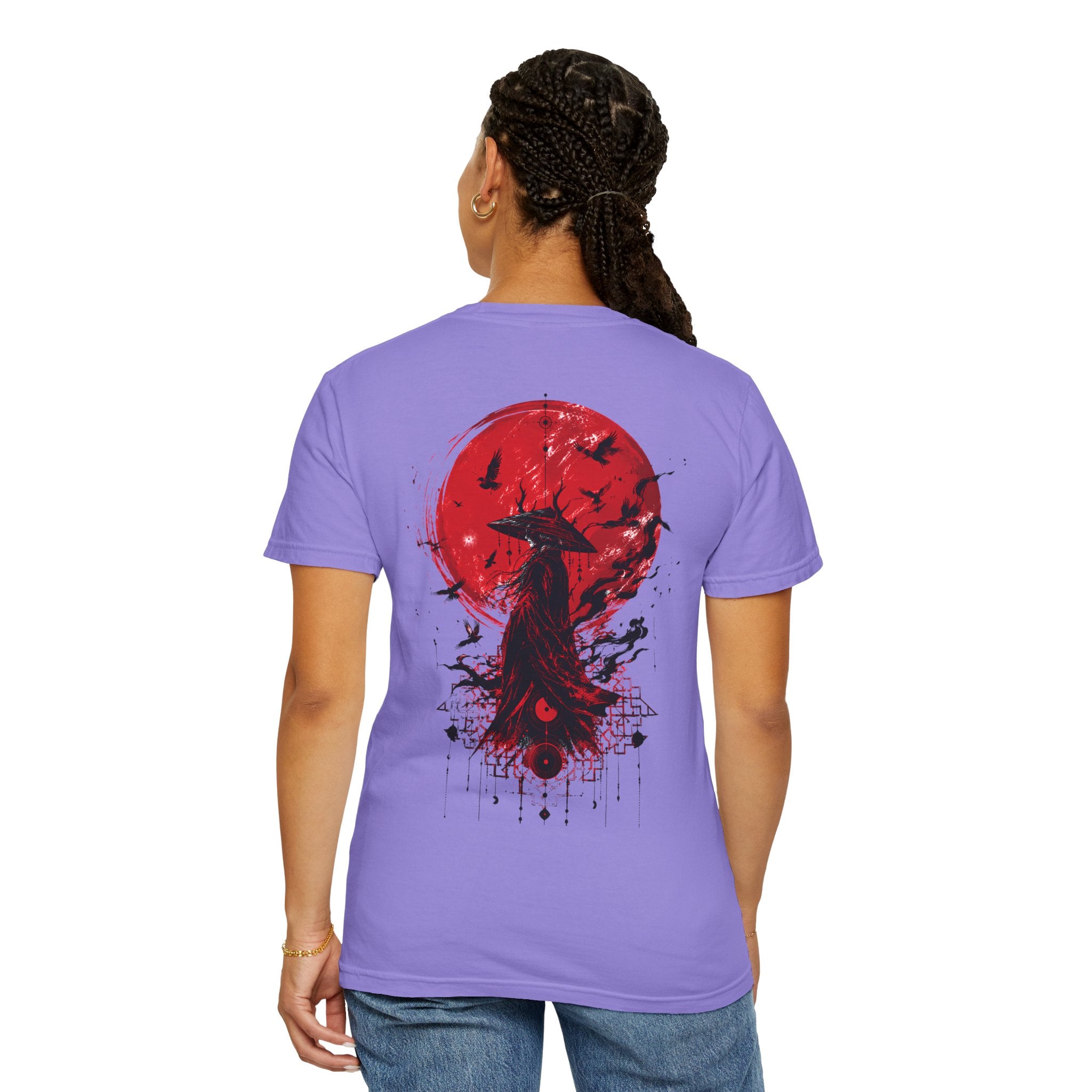 Japanese samurai red moon graphic t-shirt - product photo 35