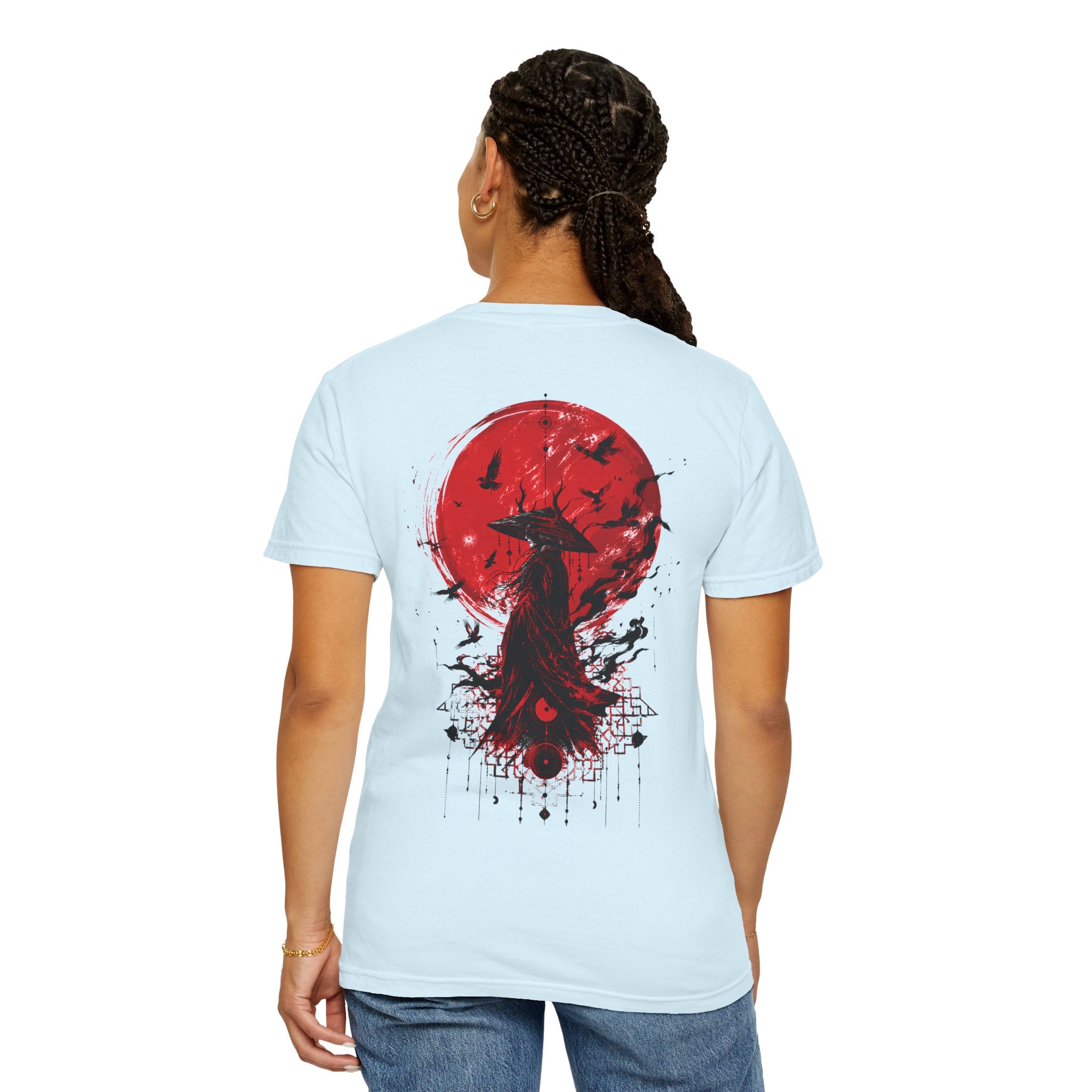Japanese samurai red moon graphic t-shirt - product photo 33