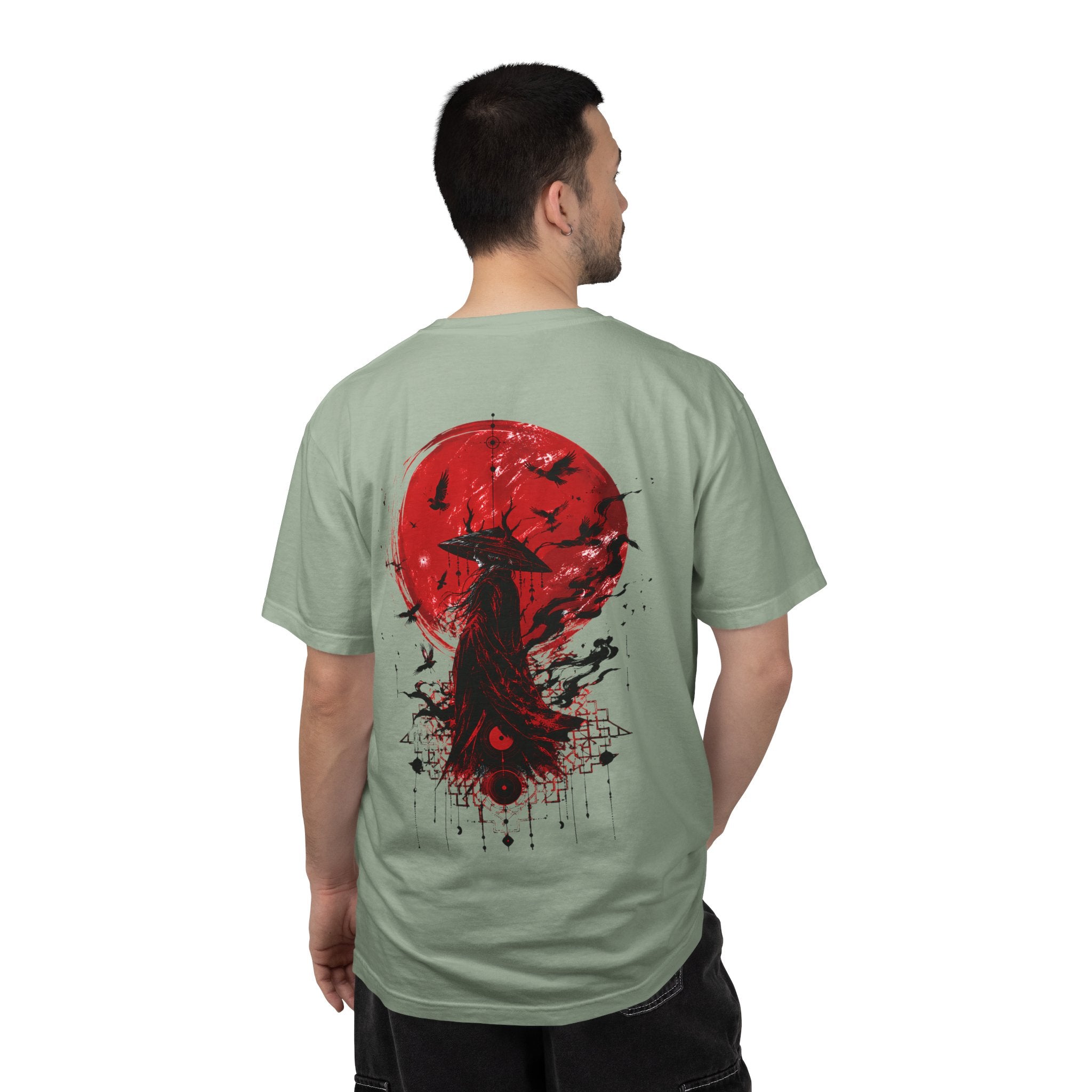 Japanese samurai red moon graphic t-shirt - product photo 40