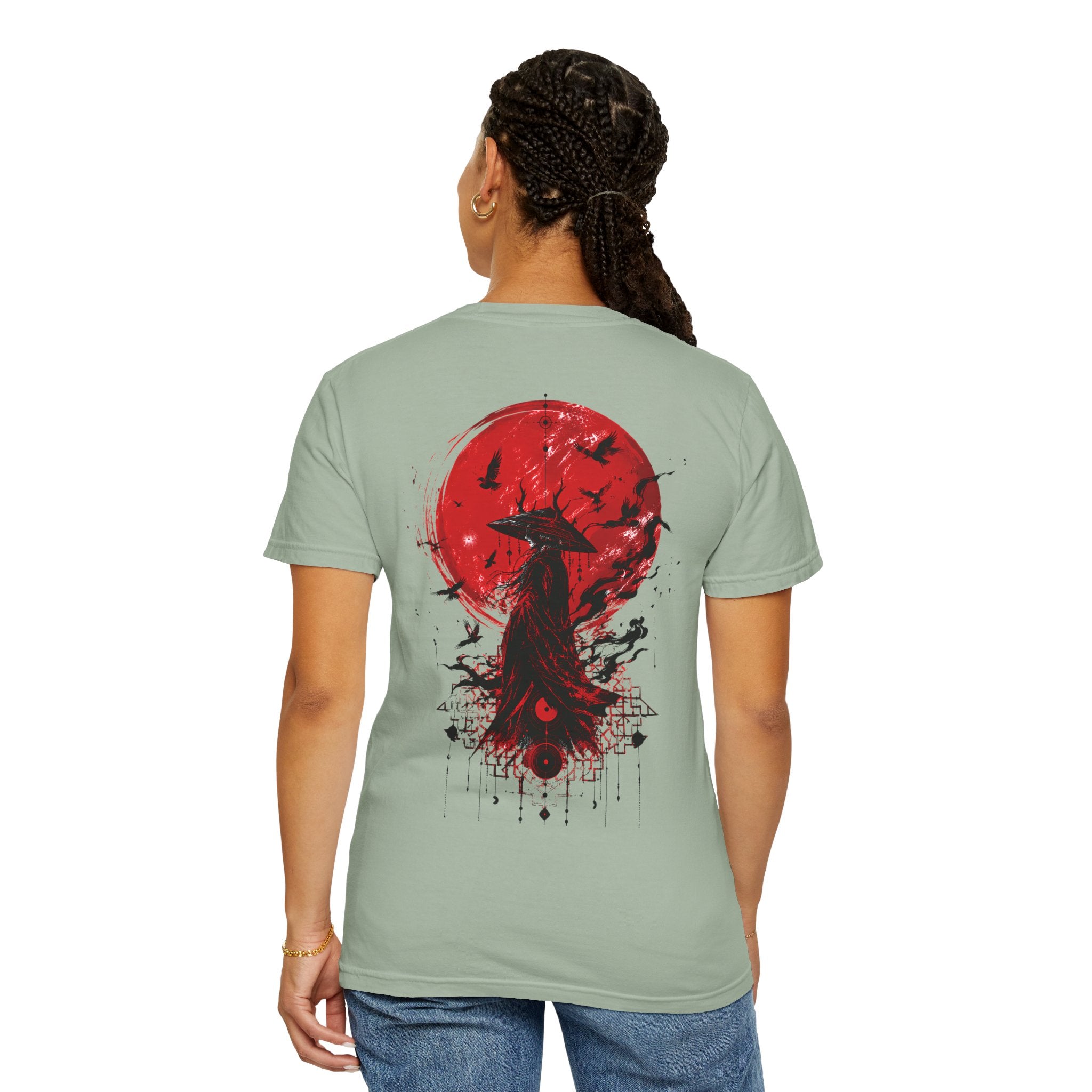 Japanese samurai red moon graphic t-shirt - product photo 41