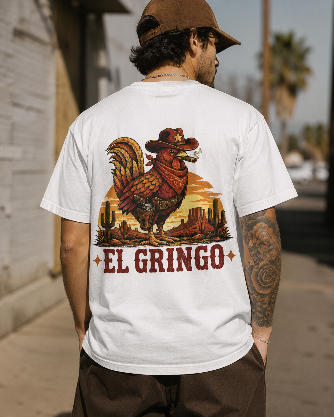 White western t-shirt with cowboy rooster and desert back print