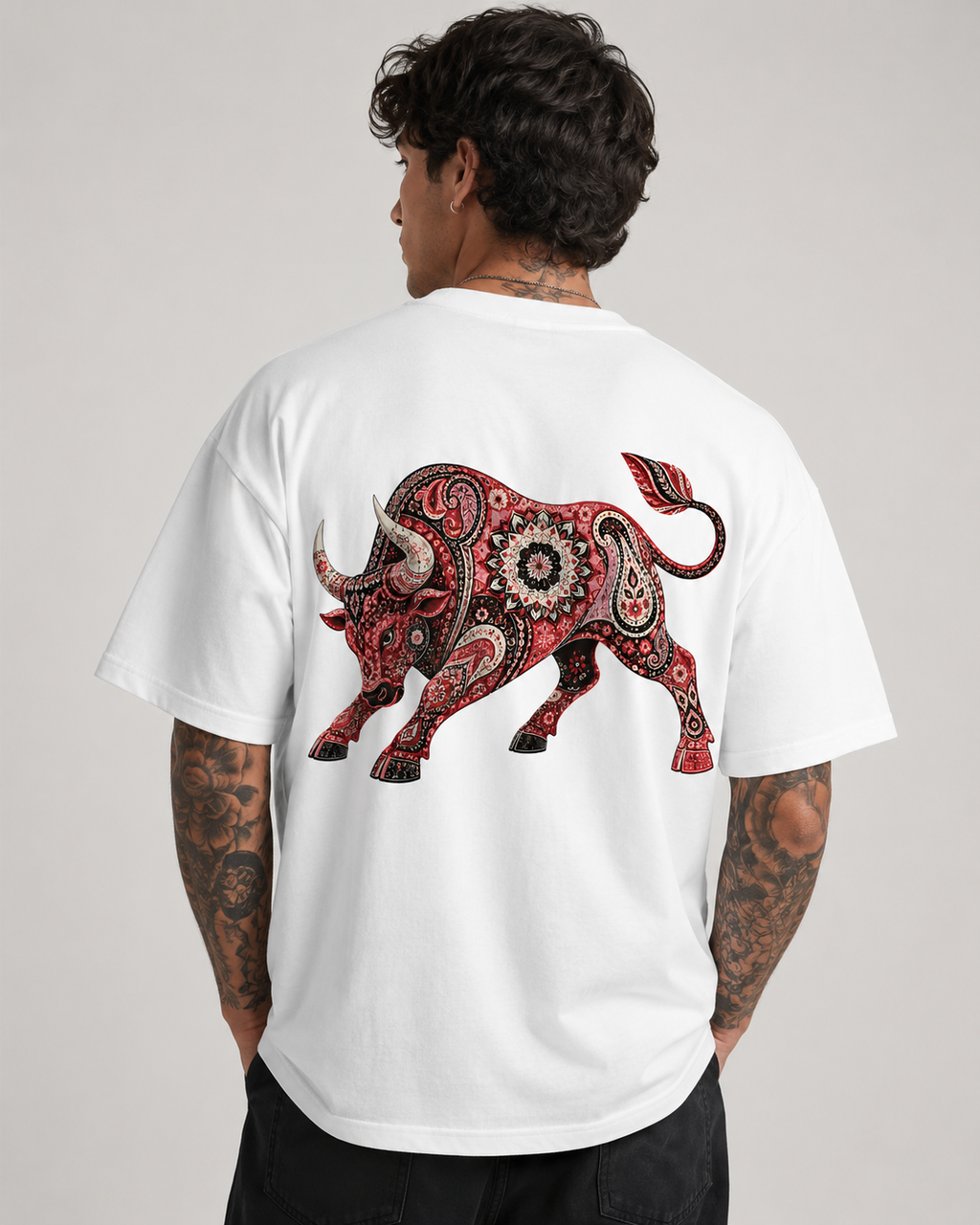 White western t-shirt with charging bull paisley back print