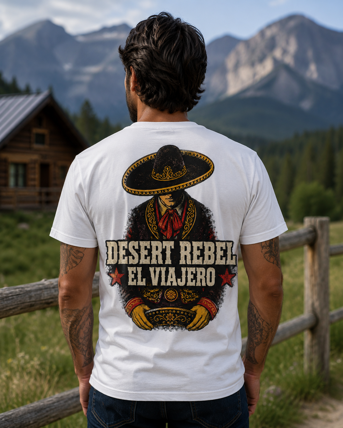 White western t-shirt with sombrero cowboy desert back print