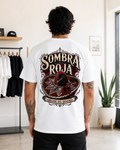 White t-shirt with black sombrero and red rose desert back print