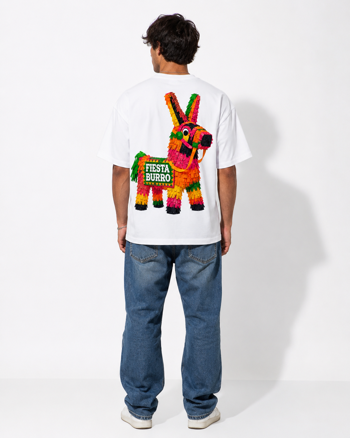 Black colorful t-shirt with donkey piñata fiesta back print