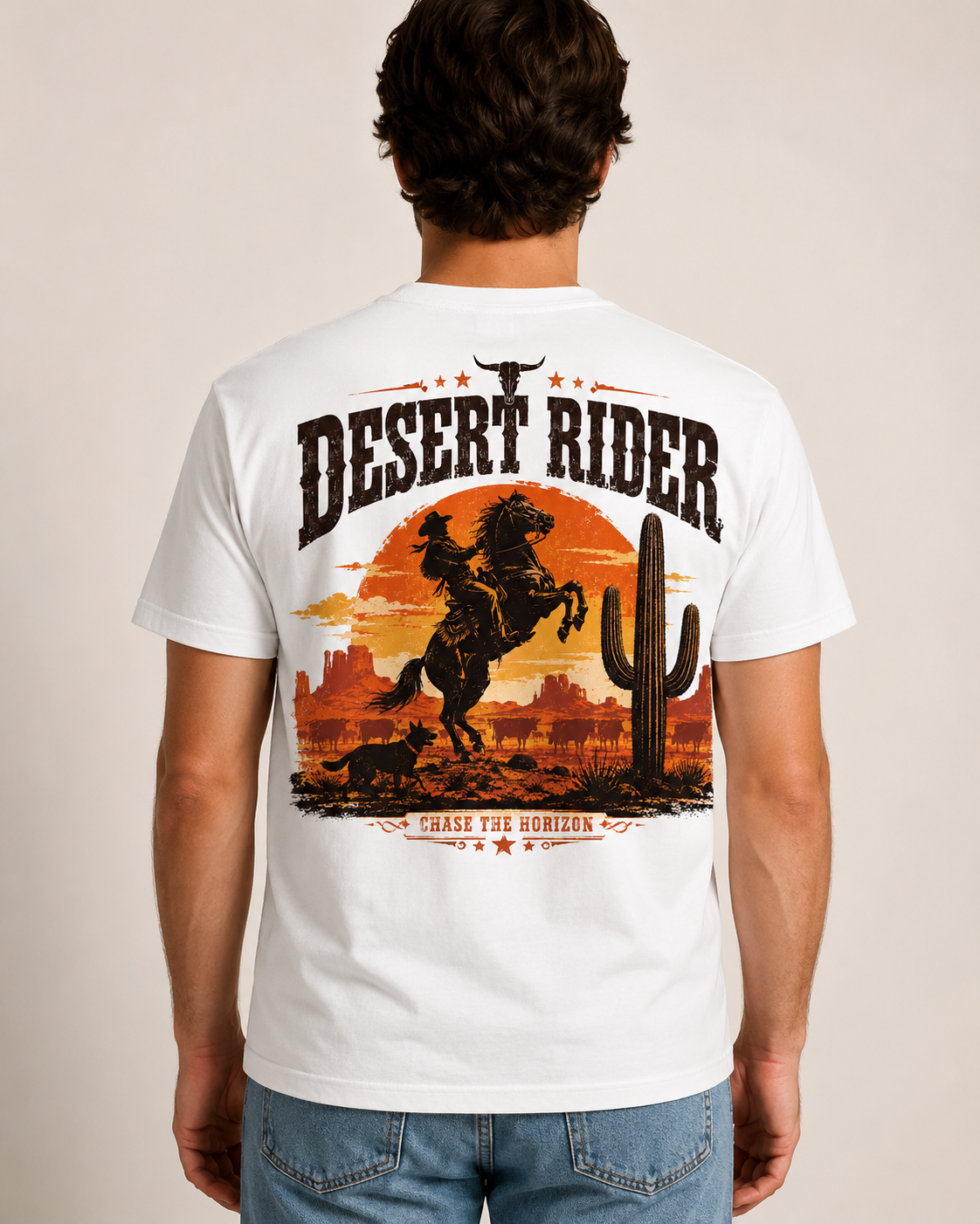 White western t-shirt with horse rider desert sunset back print
