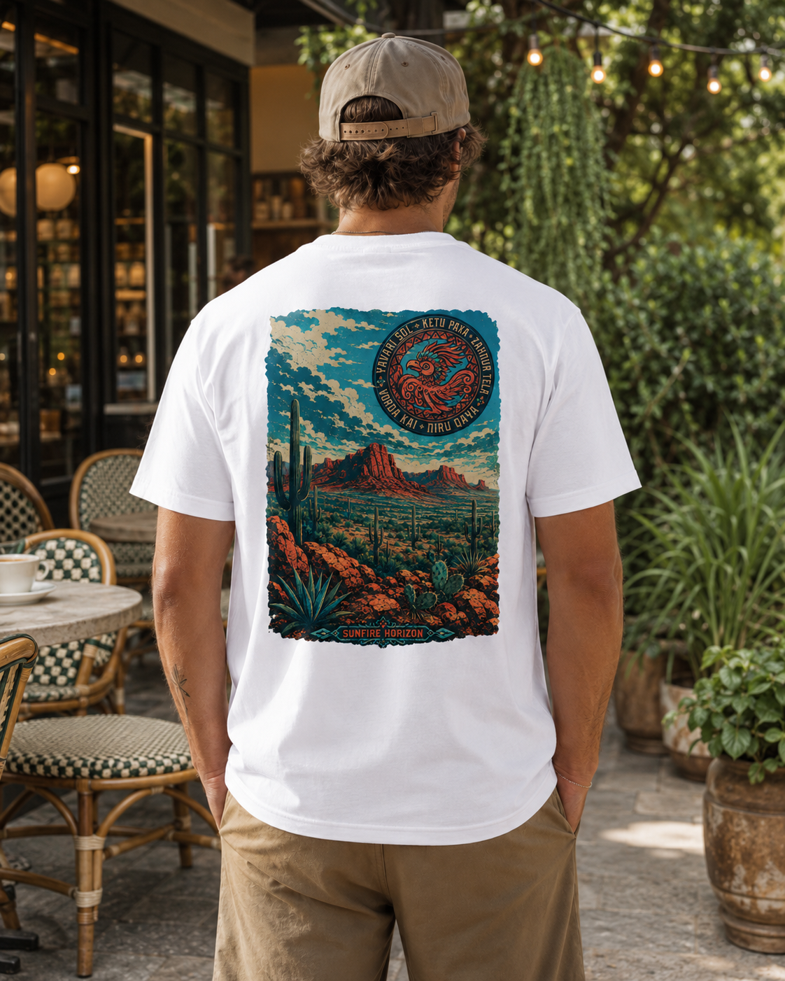 Black t-shirt with desert mesa cactus serpent back print