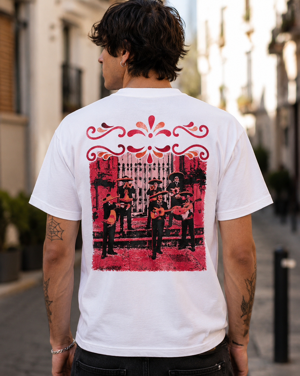White t-shirt with vintage red mariachi musician back print