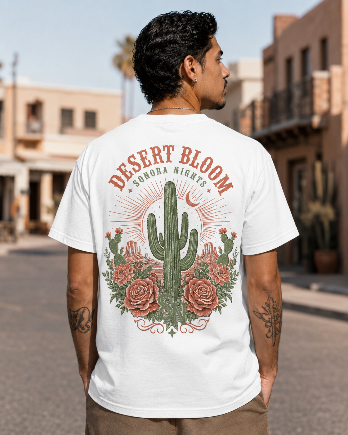 Black t-shirt with saguaro cactus desert rose moon back print
