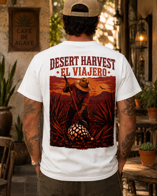 Black t-shirt with jimador agave harvest desert back print