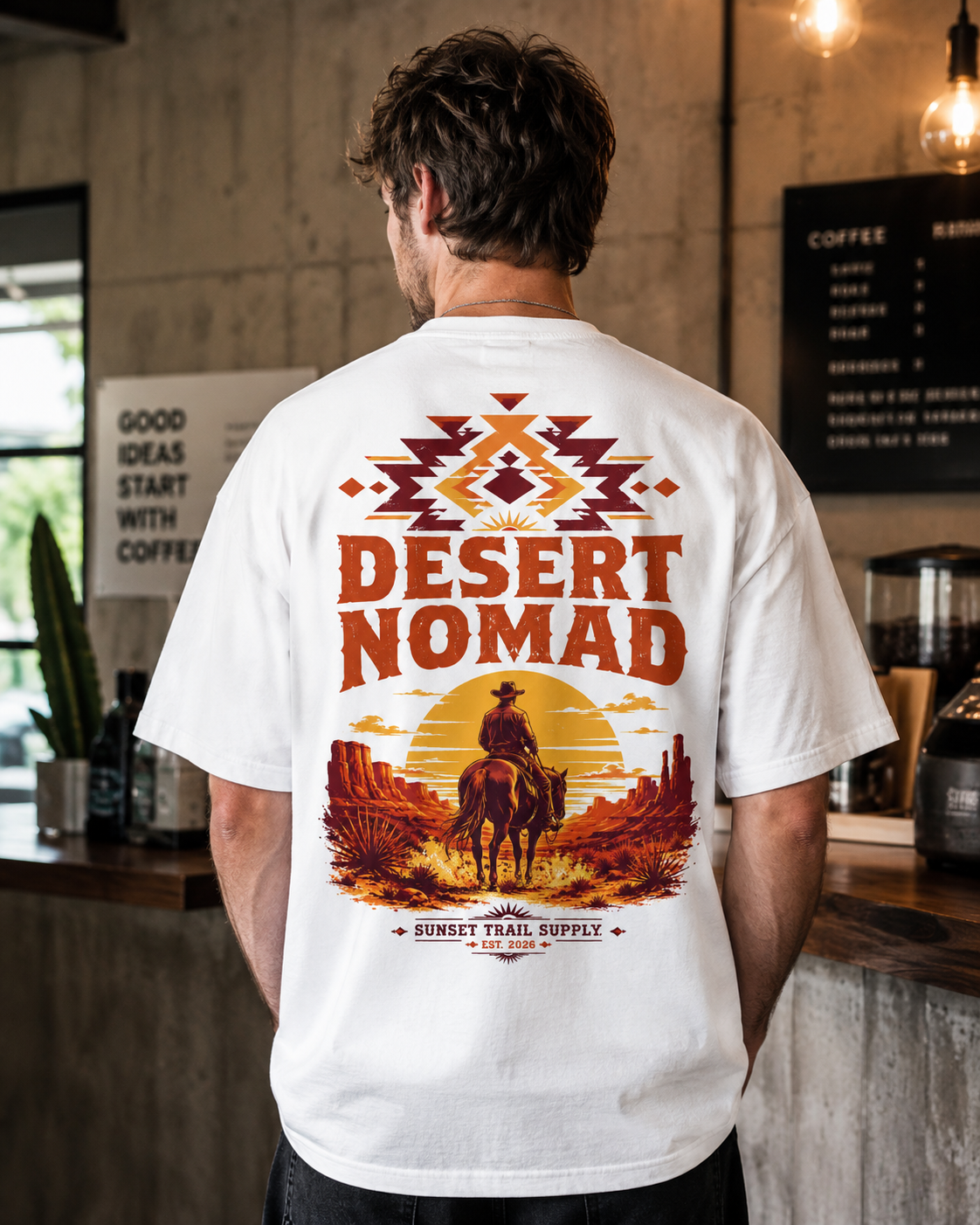 White t-shirt with lone rider canyon sunset western back print