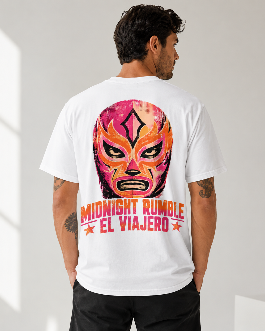 Black t-shirt with masked luchador wrestling back print