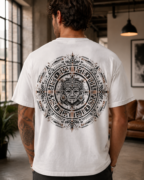White t-shirt with circular Aztec calendar back print