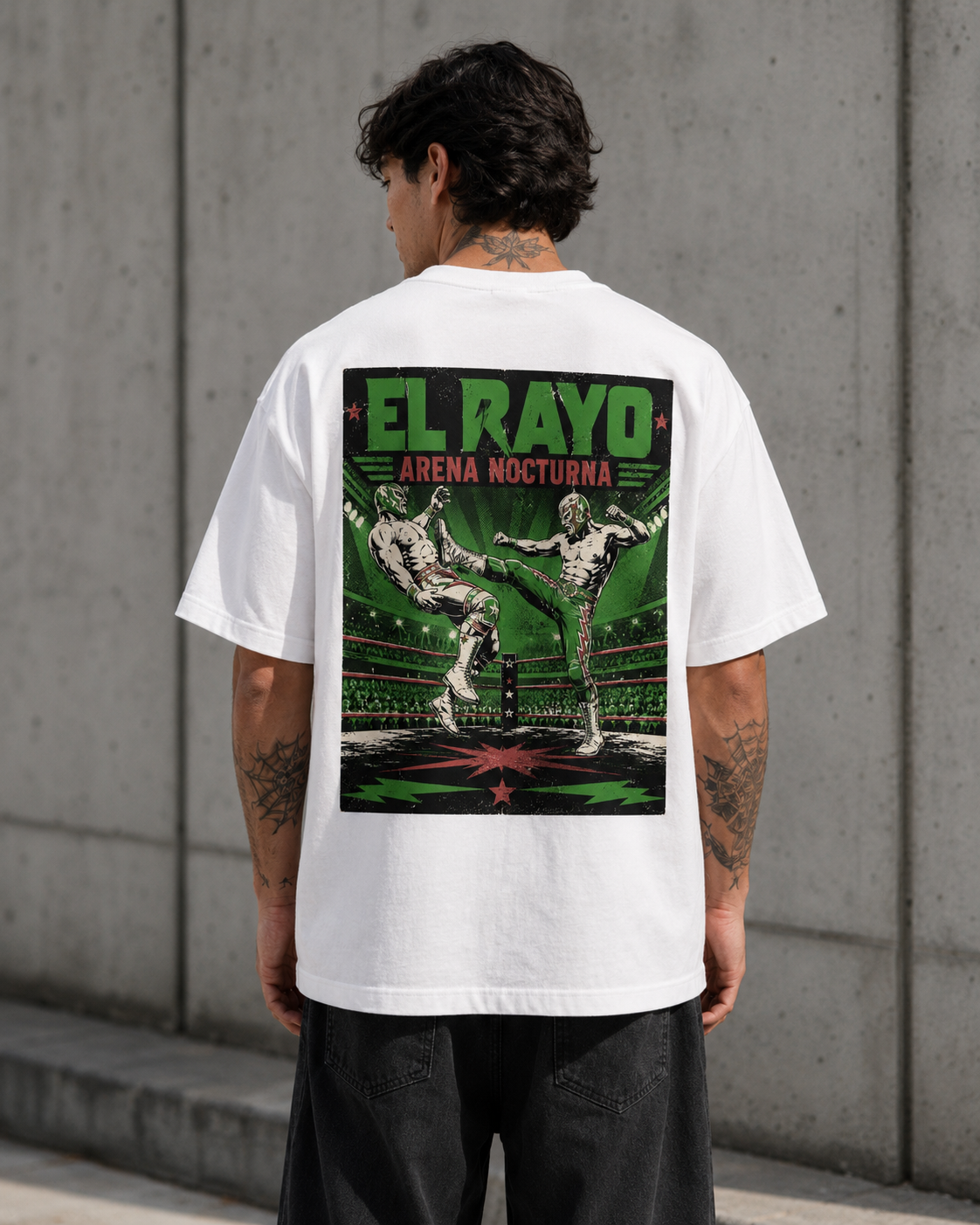 Black t-shirt with arena nocturna wrestling back print