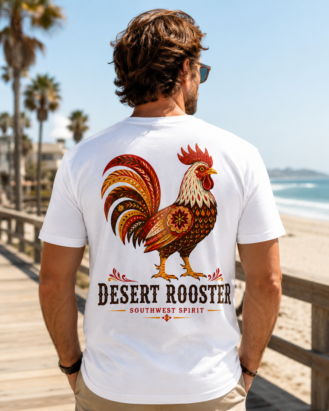 Black t-shirt with folk art rooster southwestern back print