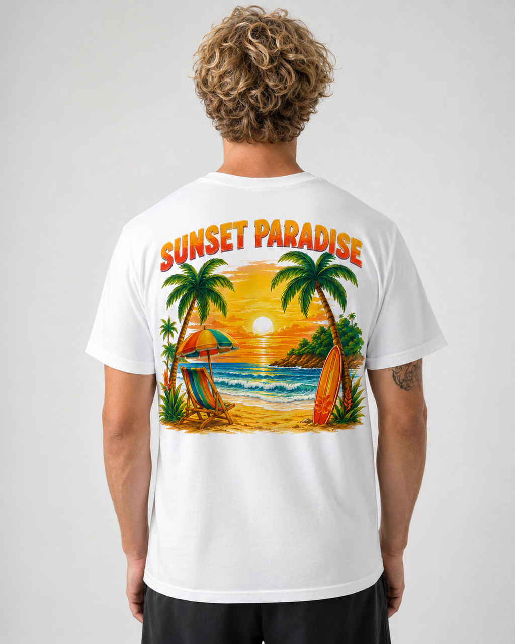 White t-shirt with palm tree ocean sunset surf back print
