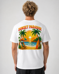 White t-shirt with palm tree ocean sunset surf back print