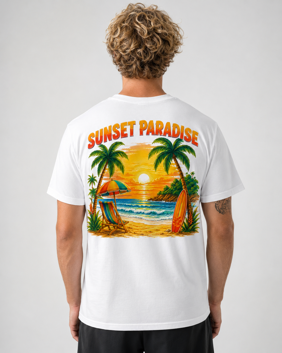 White t-shirt with palm tree ocean sunset surf back print