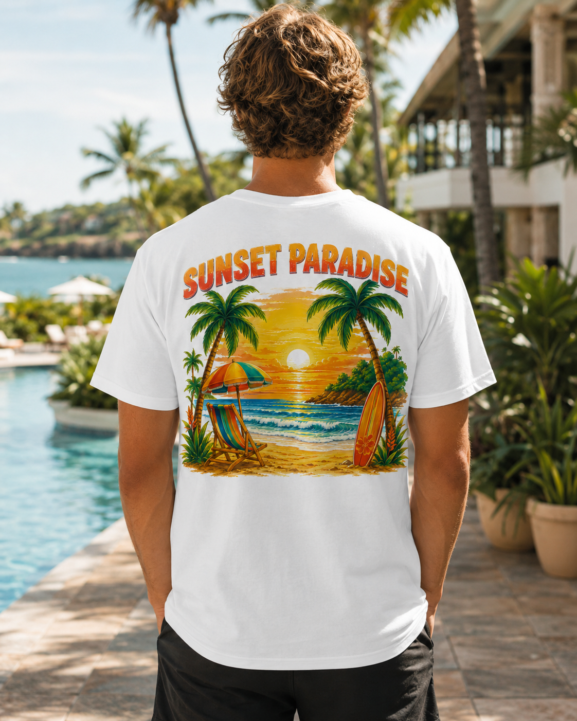 Sunset Paradise tropical beach graphic t-shirt - product photo 2