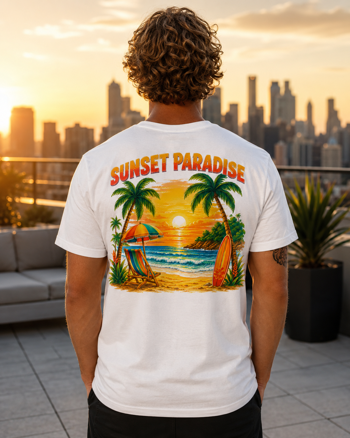 Sunset Paradise tropical beach graphic t-shirt - product photo 3
