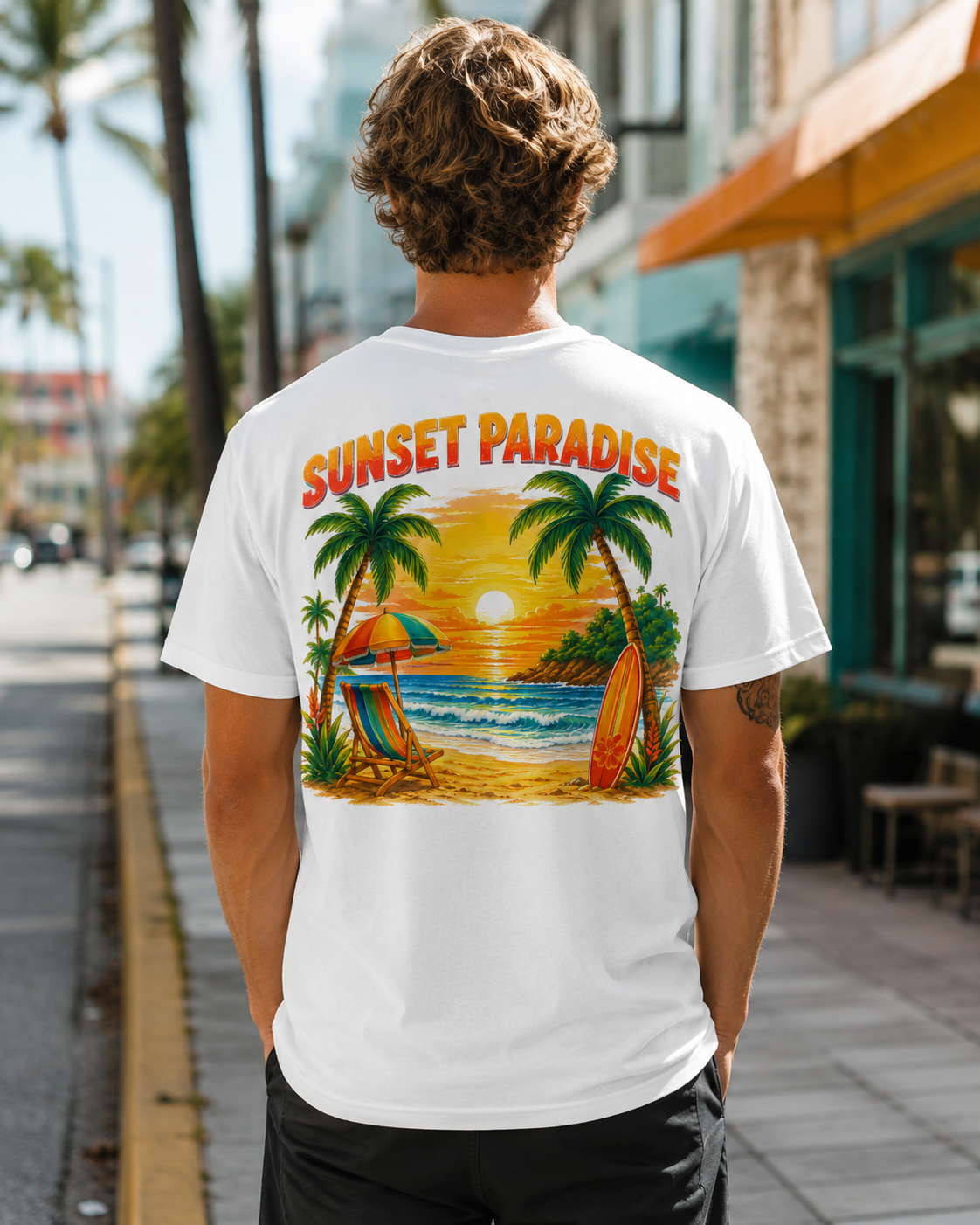 Sunset Paradise tropical beach graphic t-shirt - product photo 5