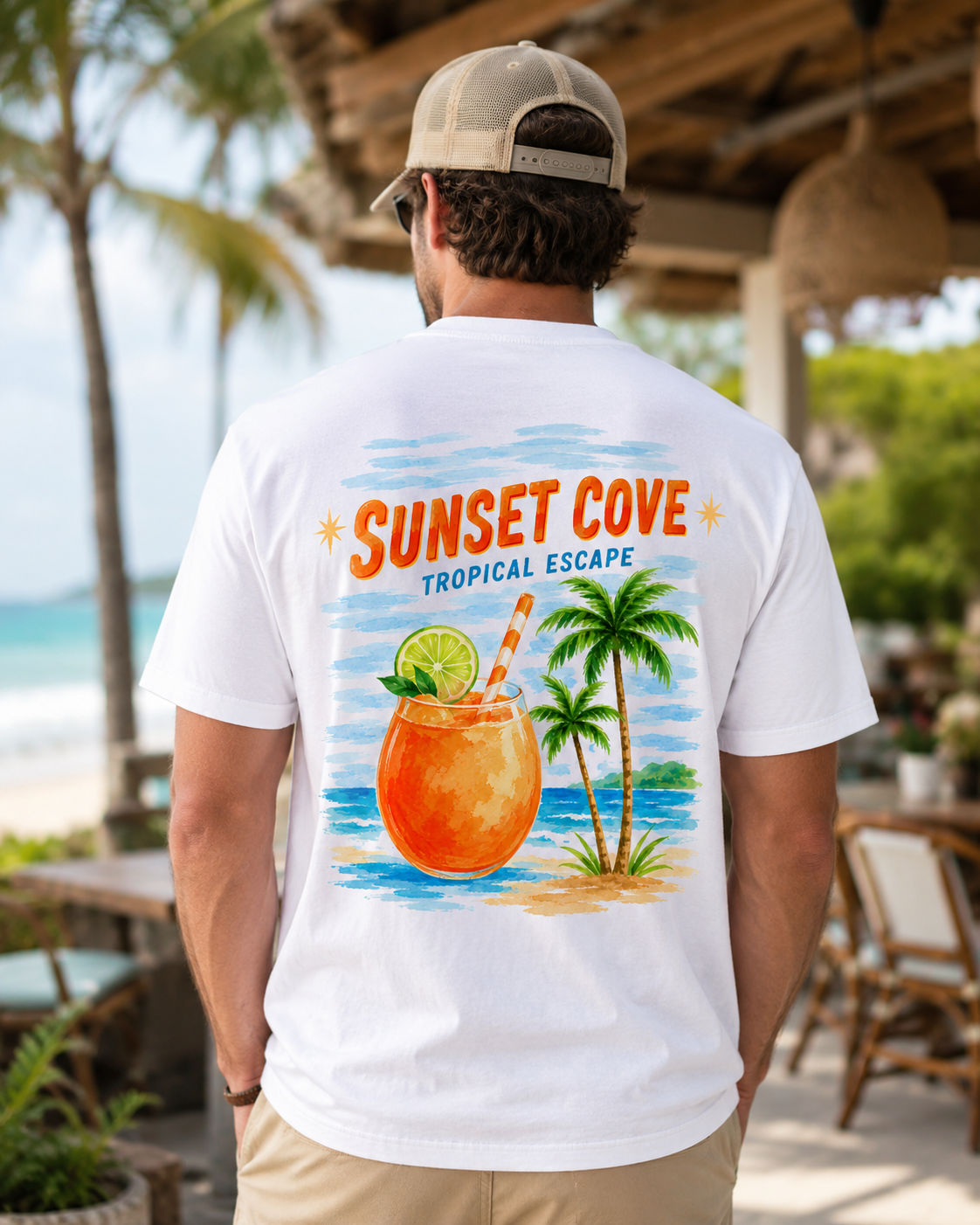 Sunset Cove tropical cocktail graphic t-shirt - product photo 12