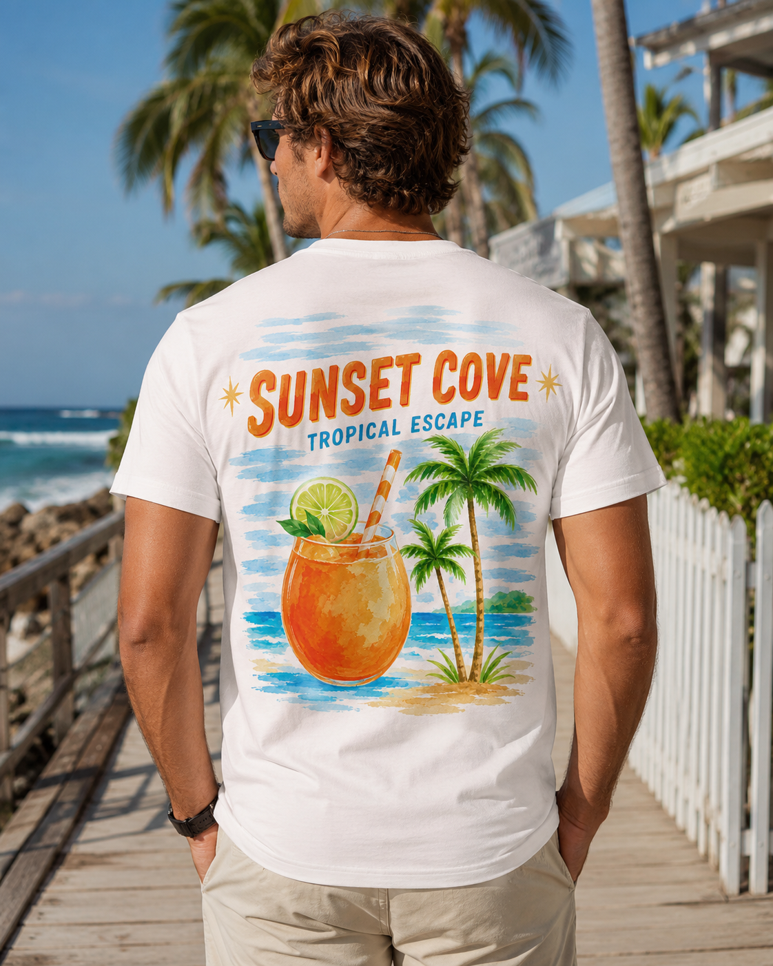 White t-shirt with tropical cocktail beach sunset back print