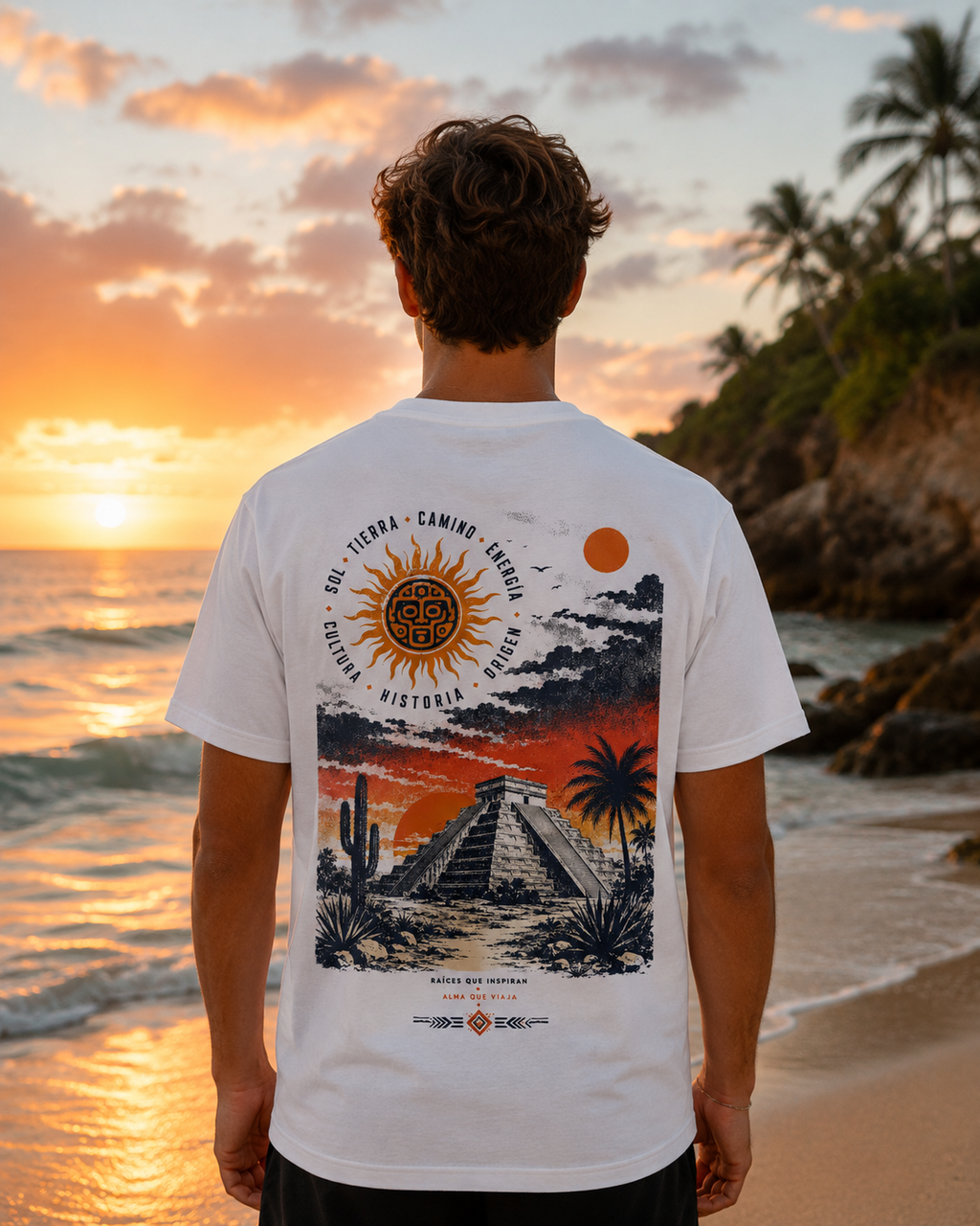 Mayan Pyramid vintage Mexico sunset graphic t-shirt - back print view