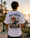 White t-shirt with lone cowboy desert mountain back print