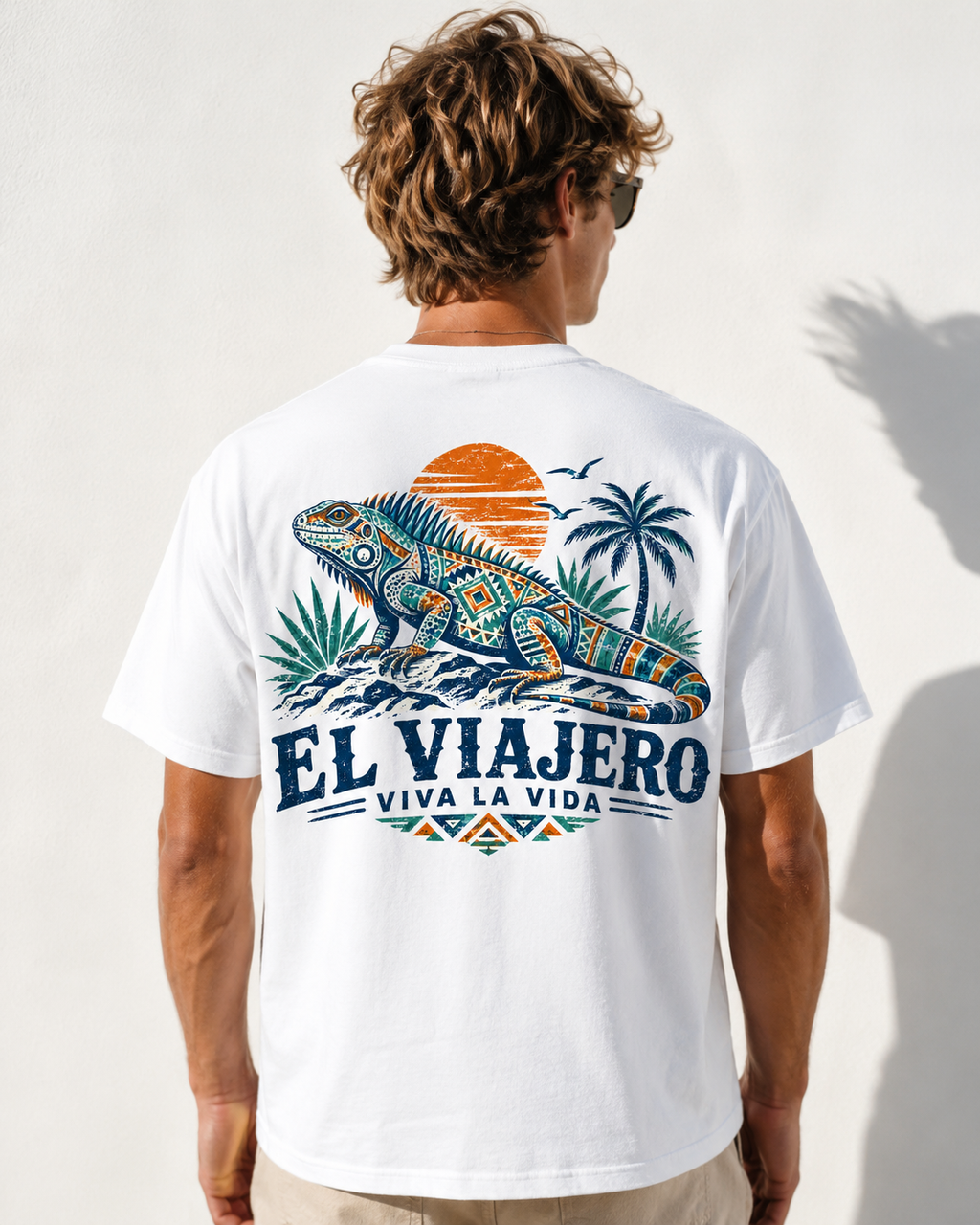 White t-shirt with iguana palm tree tropical back print