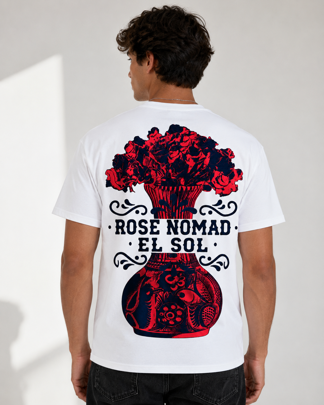 White t-shirt with vintage floral vase rose back print