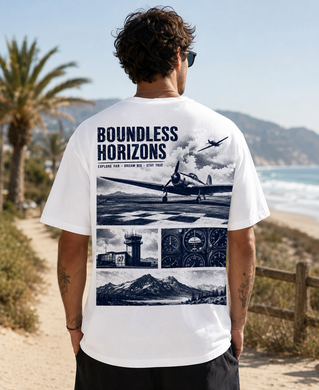 White t-shirt with airplane cockpit aviation back print