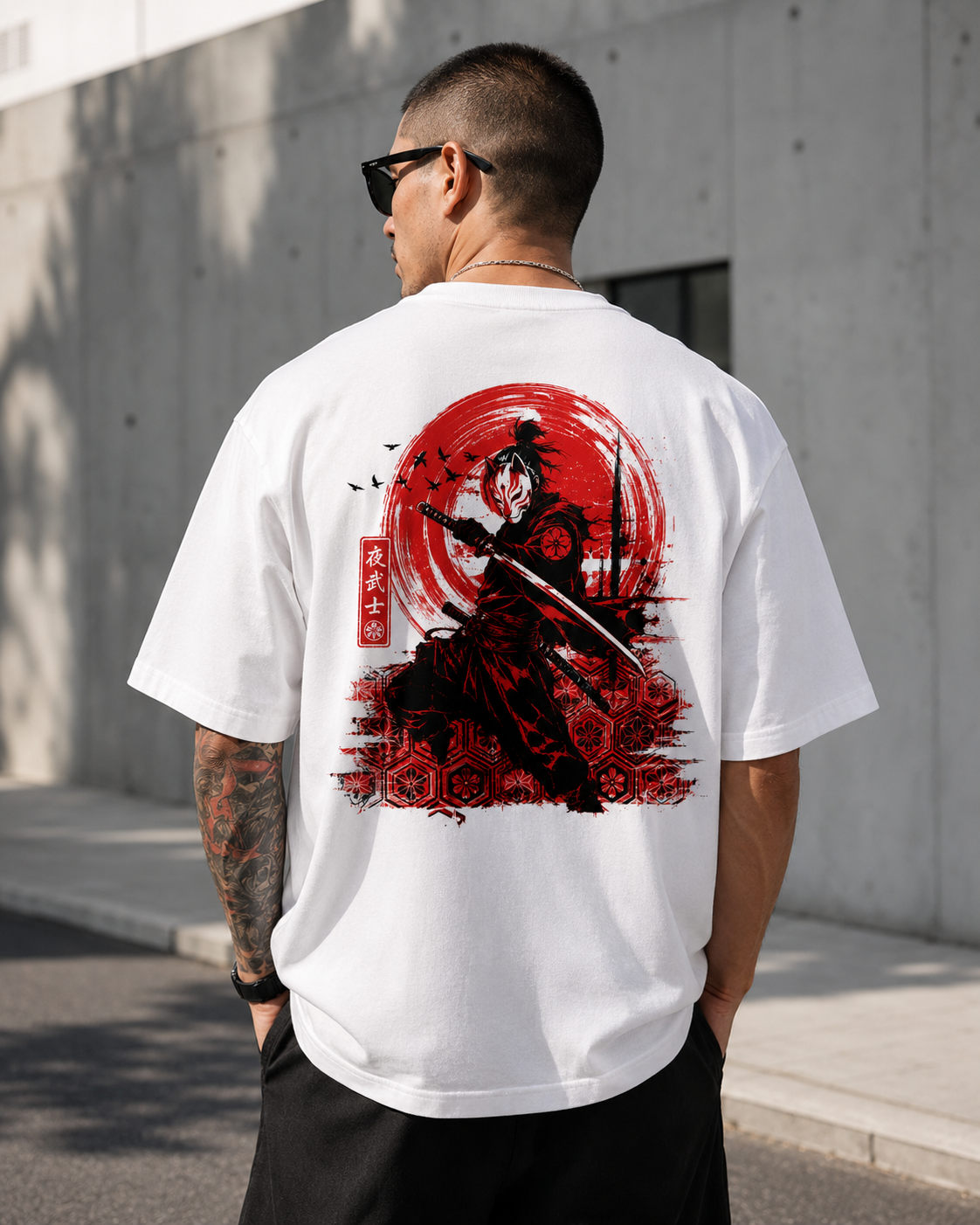 White t-shirt with masked samurai red moon back print