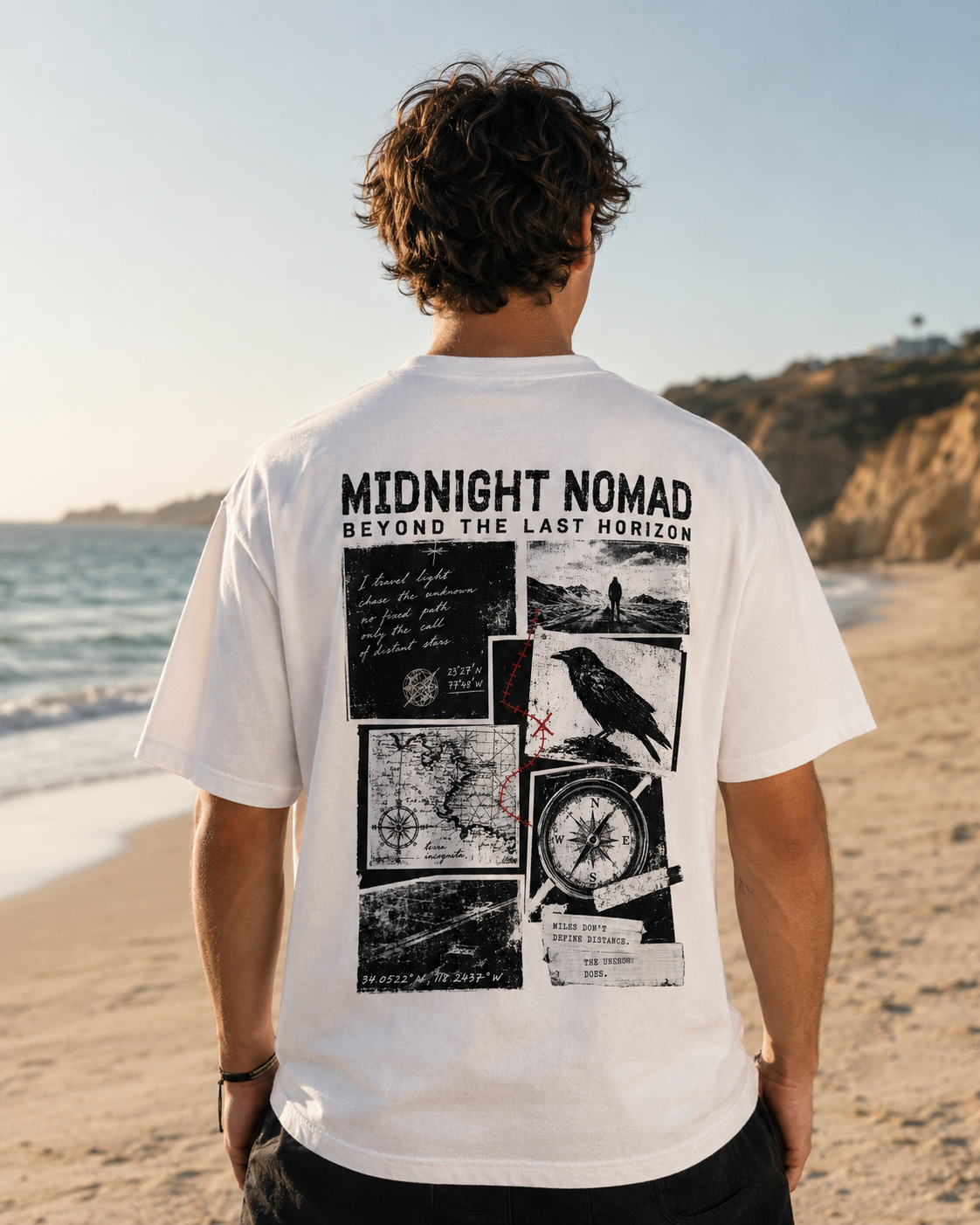 White t-shirt with gothic raven compass map back print