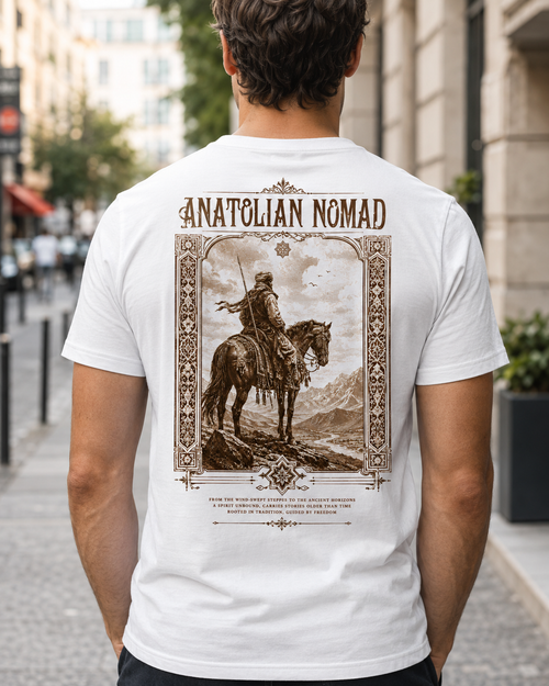 Anatolian Nomad vintage horseback warrior t-shirt - close-up detail
