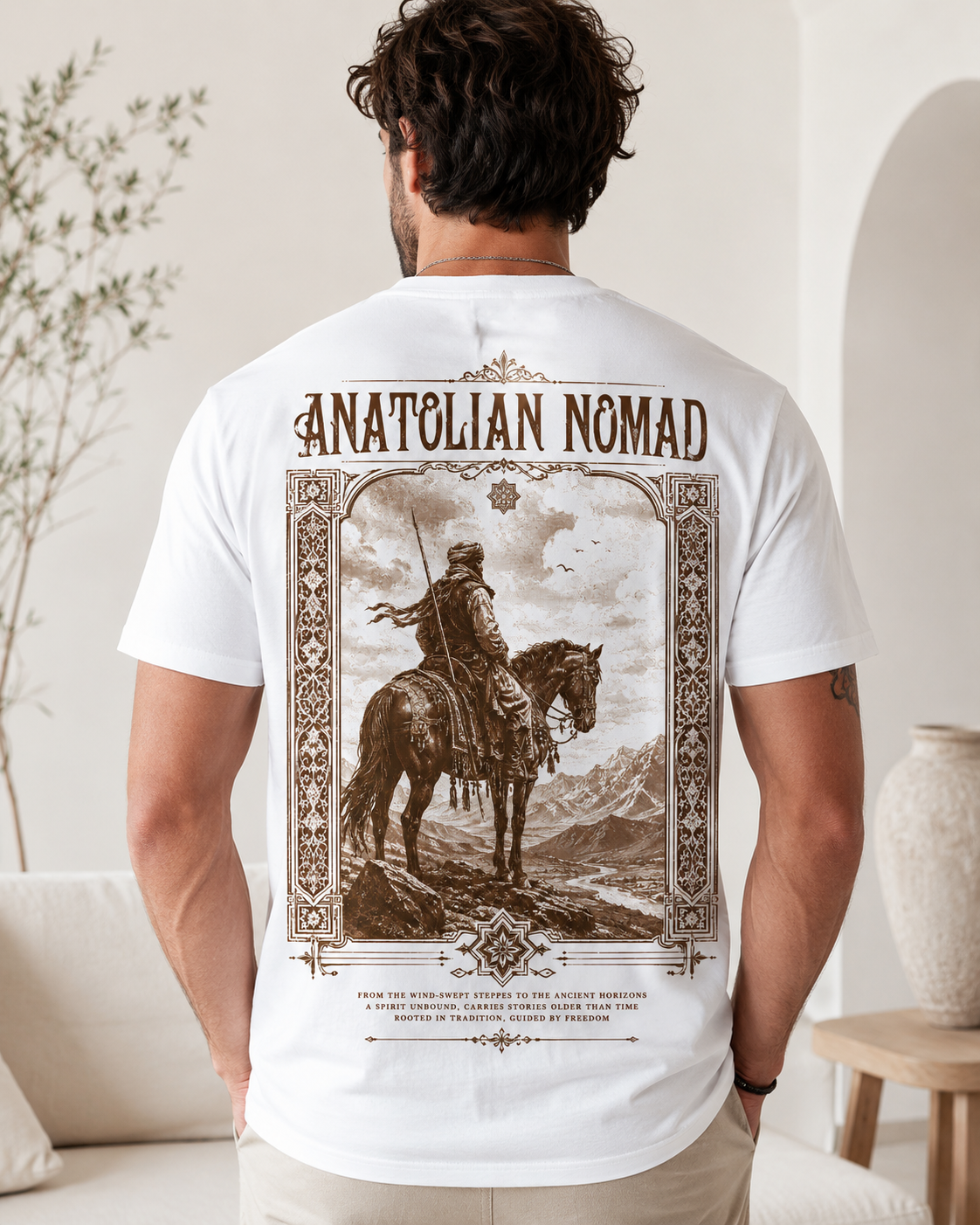 Anatolian Nomad vintage horseback warrior t-shirt - model wearing back view