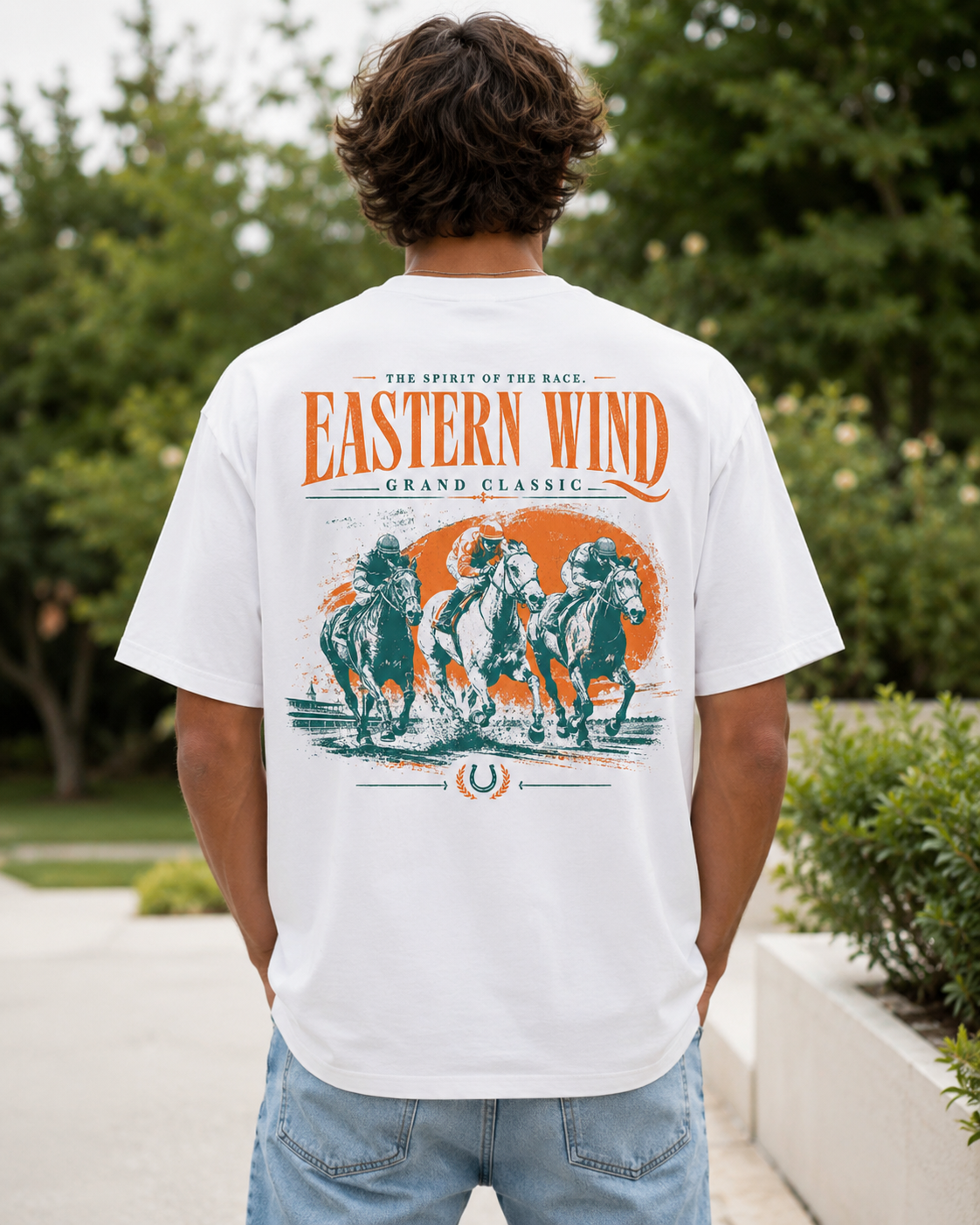Eastern Wind Grand Classic horse racing t-shirt - model wearing back view