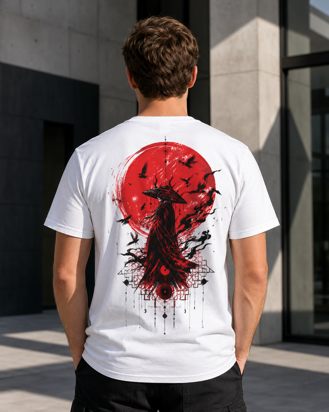 Japanese samurai red moon graphic t-shirt - product photo 15