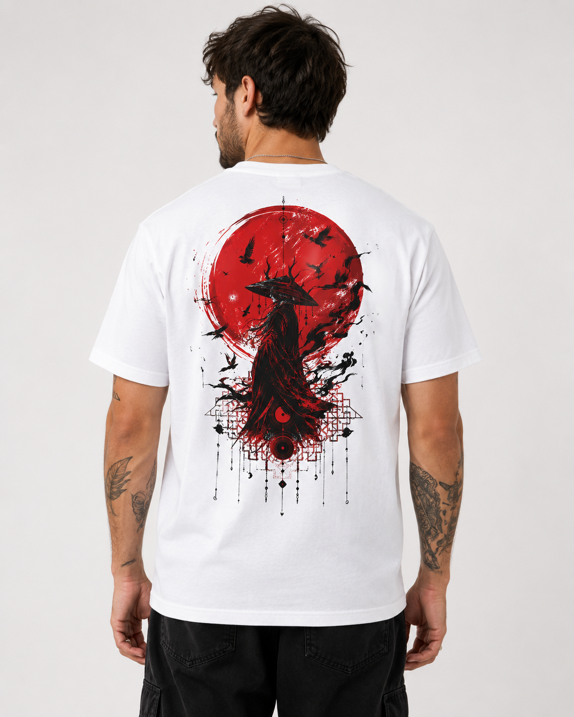 Japanese samurai red moon graphic t-shirt - product photo 16