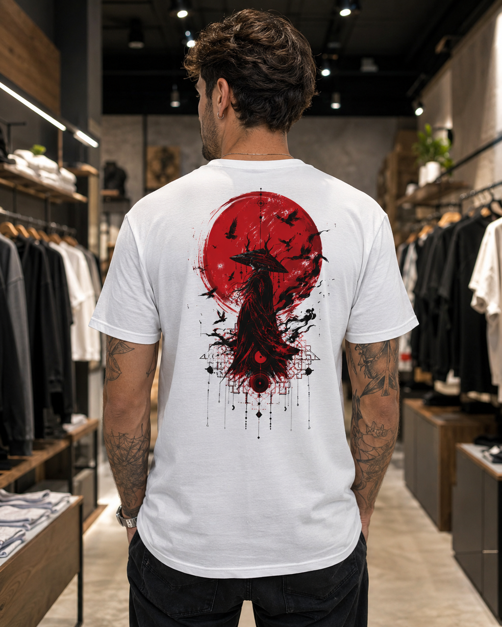 Japanese samurai red moon graphic oversized t-shirt - back print view