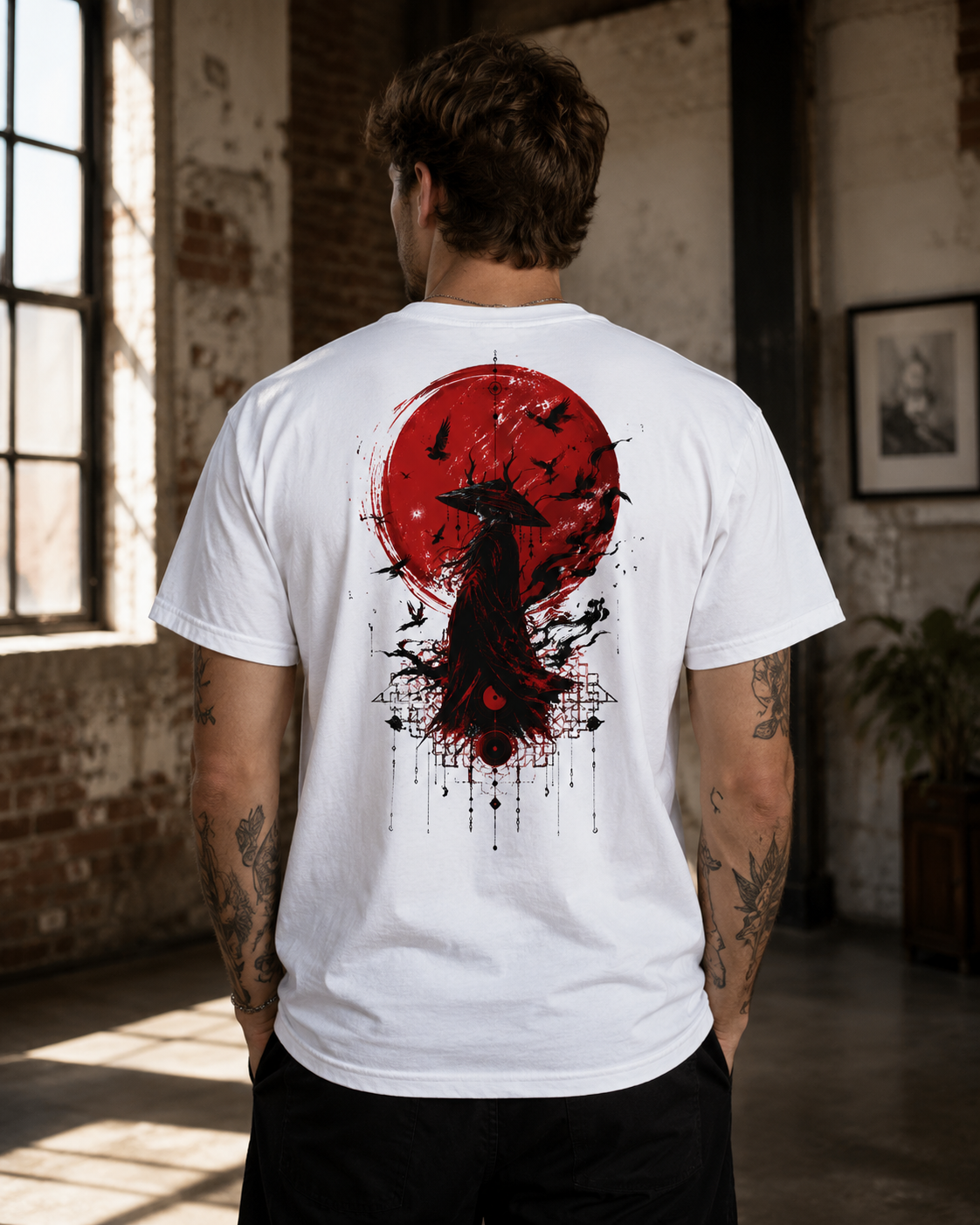 Japanese samurai red moon graphic t-shirt - product photo 17