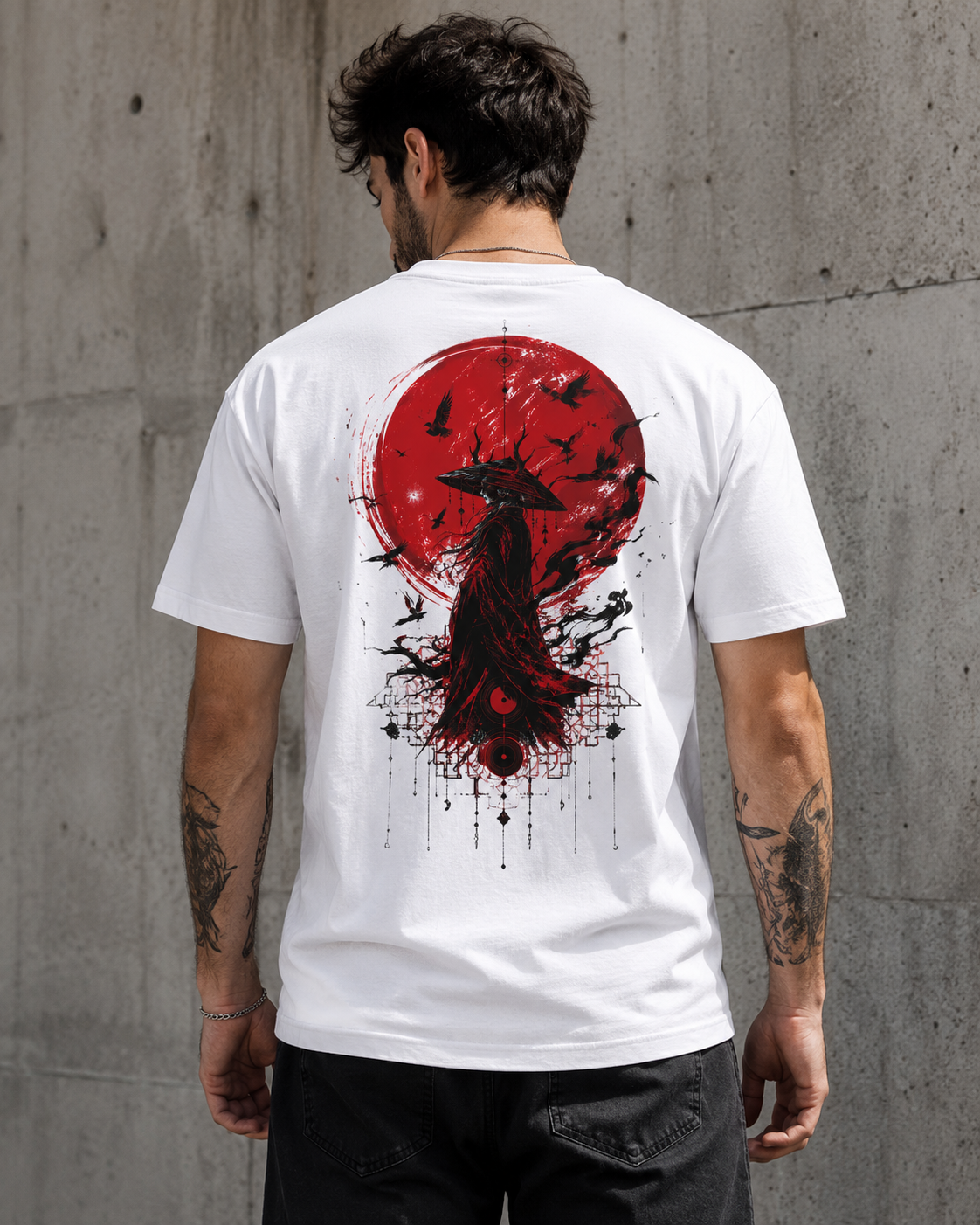 Japanese samurai red moon graphic t-shirt - product photo 18