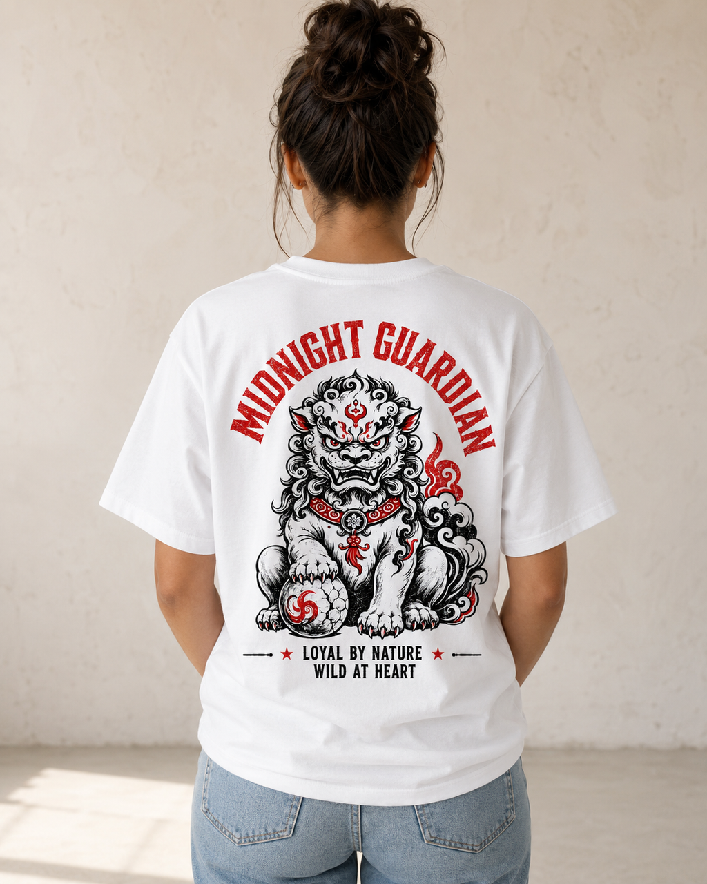 Midnight Guardian Japanese lion graphic t-shirt - back print view