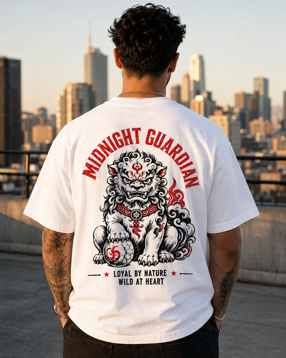 Midnight Guardian Japanese lion graphic t-shirt - model wearing back view, city background