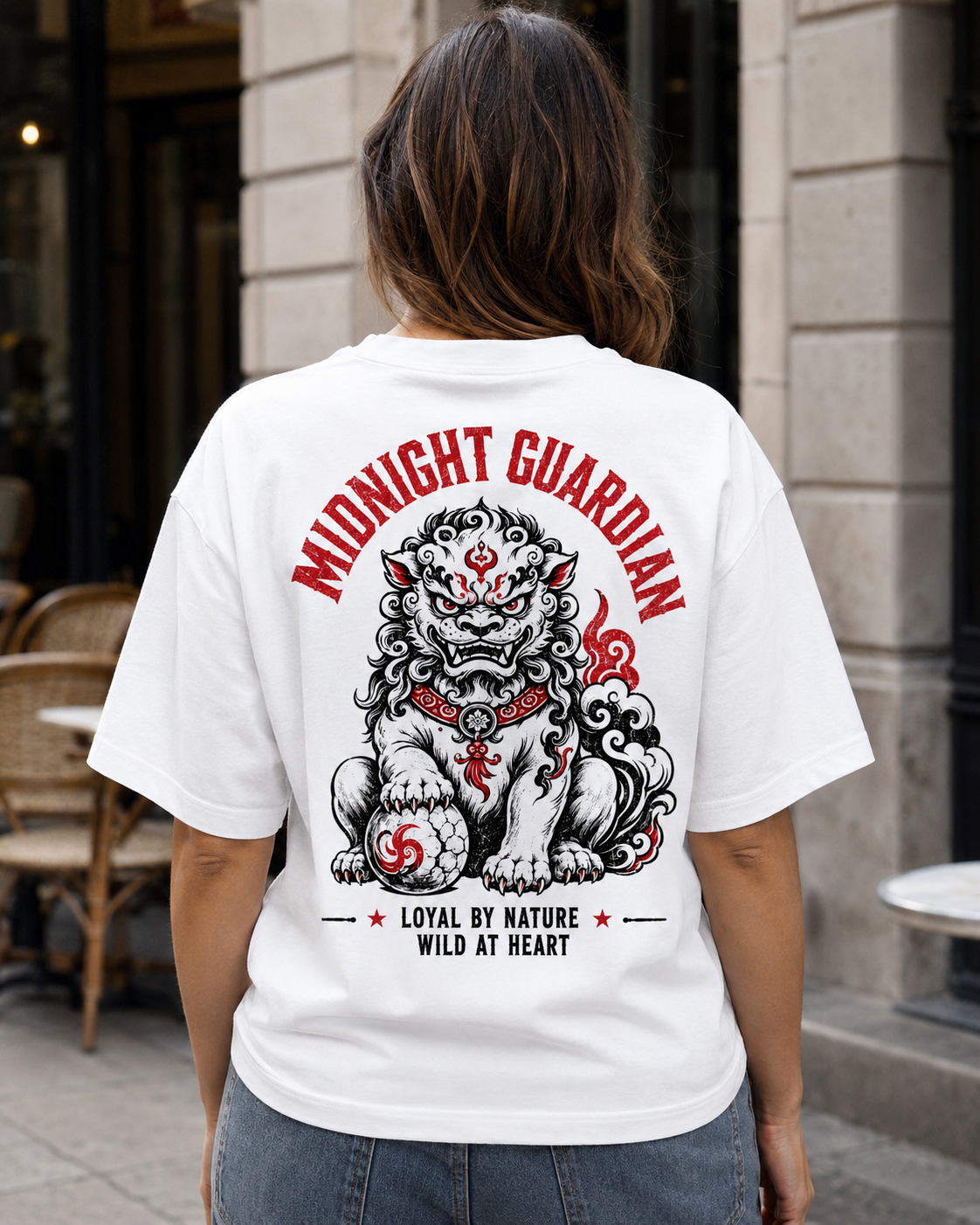 Midnight Guardian Japanese lion graphic t-shirt - lifestyle photo, back view