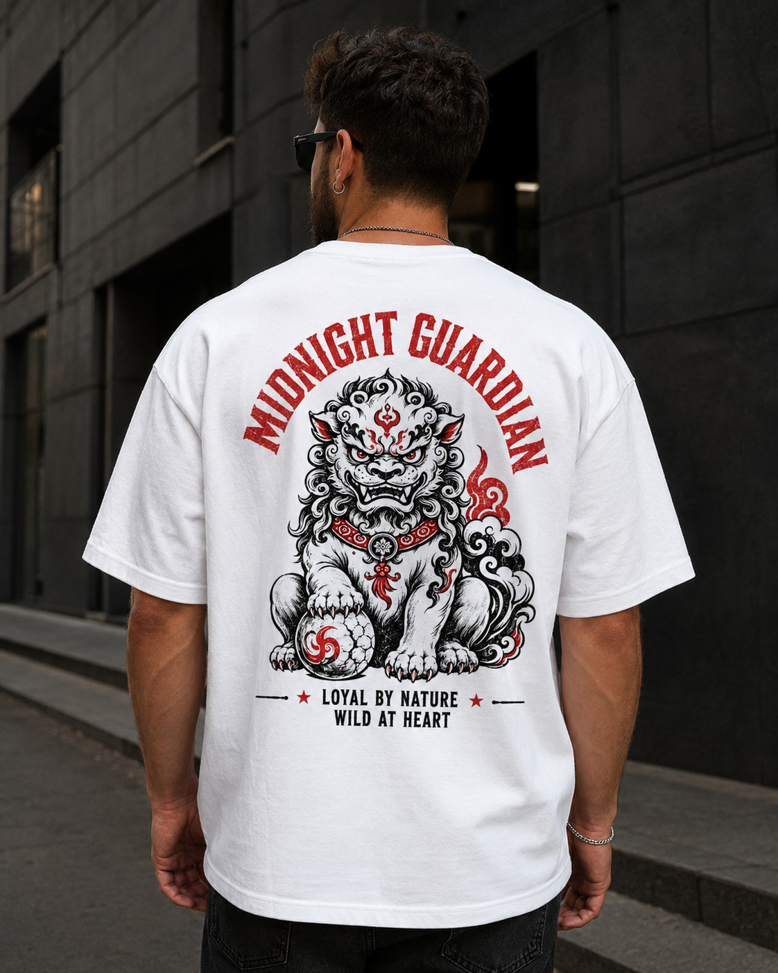 Midnight Guardian Japanese lion graphic t-shirt - lifestyle photo, back view